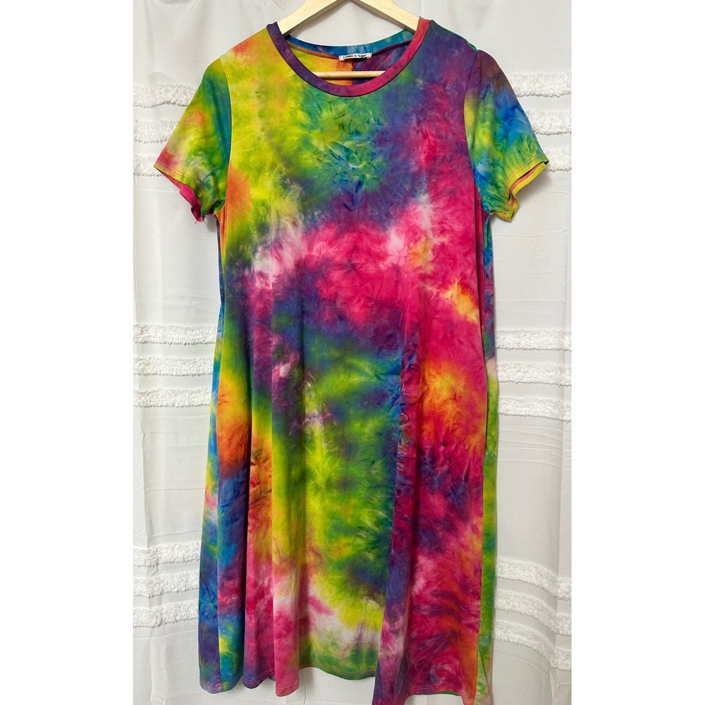 Cream‎ n Sugar Rainbow Tie Dye T-Shirt Dress Short Sleeve Festival Hippie Womens